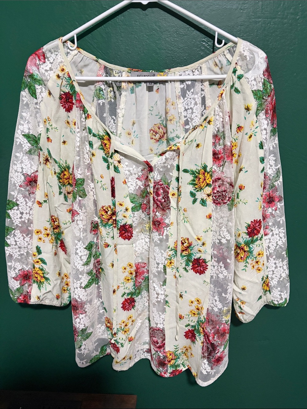 Floral Boho Peasant Top - Cream with Pink and Yellow Floral